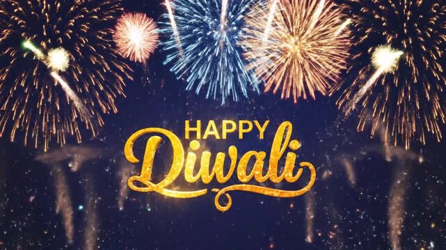 Vibrant fireworks display celebrating Diwali festival with colorful explosions and illuminated text