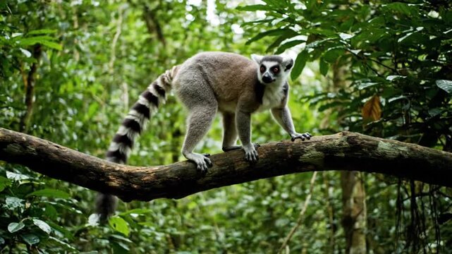 Ring-tailed lemur on tree branch in natural habitat with soft green foliage and warm sunlight for wildlife conservation