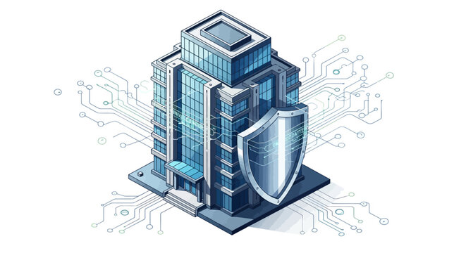 A skyscraper with a shield in front of it, representing internet security and data protection with a circuit board pattern in the background.