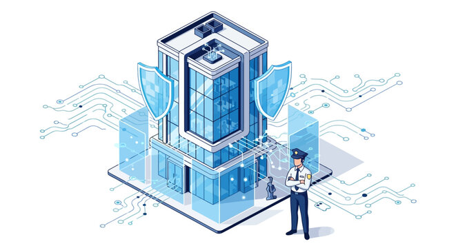 An isometric illustration of a man standing beside a secure server room with shields, representing internet security and data protection in a modern technology setting.