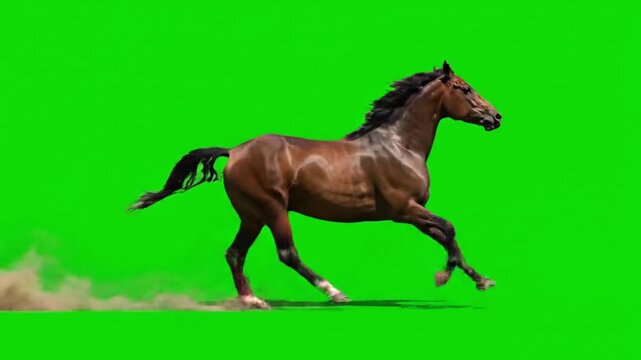 Running brown horse in dynamic motion with green screen background for equestrian advertising