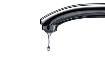 Water tap dripping slowly, a single drop falling from chrome spout, showing water waste and conservation concept on transparent background