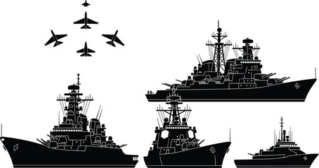 Military warships and fighter jets silhouette collection featuring naval destroyers, battleships and aircraft formation isolated for defense, navy and warfare design projects © It's Raju