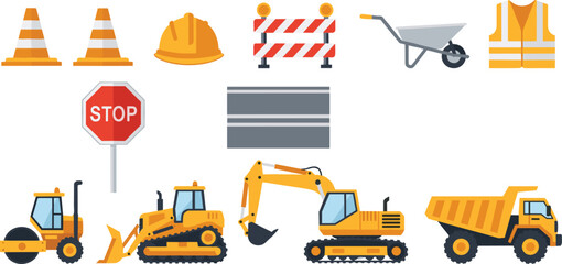 Construction equipment and safety icons set including excavator, bulldozer, dump truck, traffic cones, stop sign and protective gear for roadwork projects © It's Raju