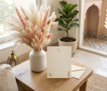 a not writable or blank card placed near vase with flowers on table
