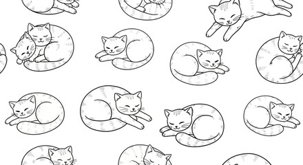 Fototapeta premium Cute sleeping cats pattern, hand-drawn sketch style, seamless background for textile and design