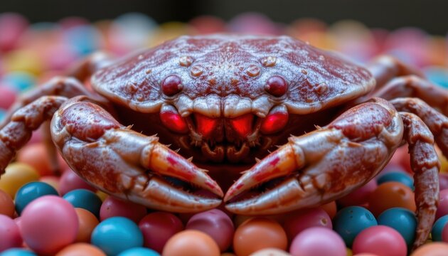 Hyper-realistic Sweet Danger: Zosimus Aeneus Crab Crafted from Glowing Jelly Beans and Sugar Candy Shell, Resting on Colorful Sweets