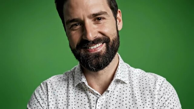 Confident Man with Beard Smiling on Green Screen