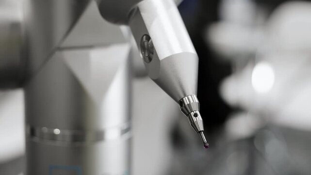 Close up of coordinate measuring machine probe used for precision measurement and industrial quality control in modern manufacturing engineering laboratory.