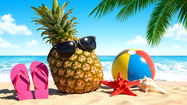 Cool pineapple with sunglasses relaxing on a sandy seashore with a beach ball and flip flops. Tropical summer holiday background for a website header or panoramic border
