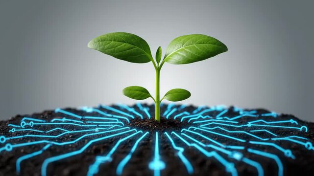 A green sprout grows from soil that transforms into a glowing digital circuit board. Concept for agritech smart farming and sustainable business innovation powered by data