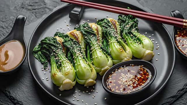 Roasted baby bok choy with sauces and chopsticks on black plate