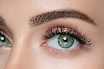 Fototapeta premium Green eye macro close-up with long eyelashes and groomed eyebrow – beauty makeup and skincare branding