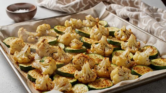 Roasted cauliflower and zucchini florets on baking sheet with parchment