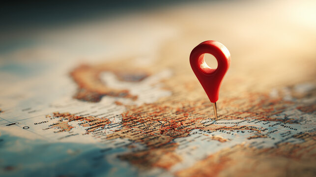 Ultra-realistic 3D red location pin on world map, global destination and travel navigation concept with shallow depth of field