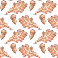 Watercolor autumn seamless pattern with orange oak leaf and acorn on white background. Forest nature plant foliage leaves. Creative art for halloween card. Wallpaper or wrapping and sketchbook © NatashaKun