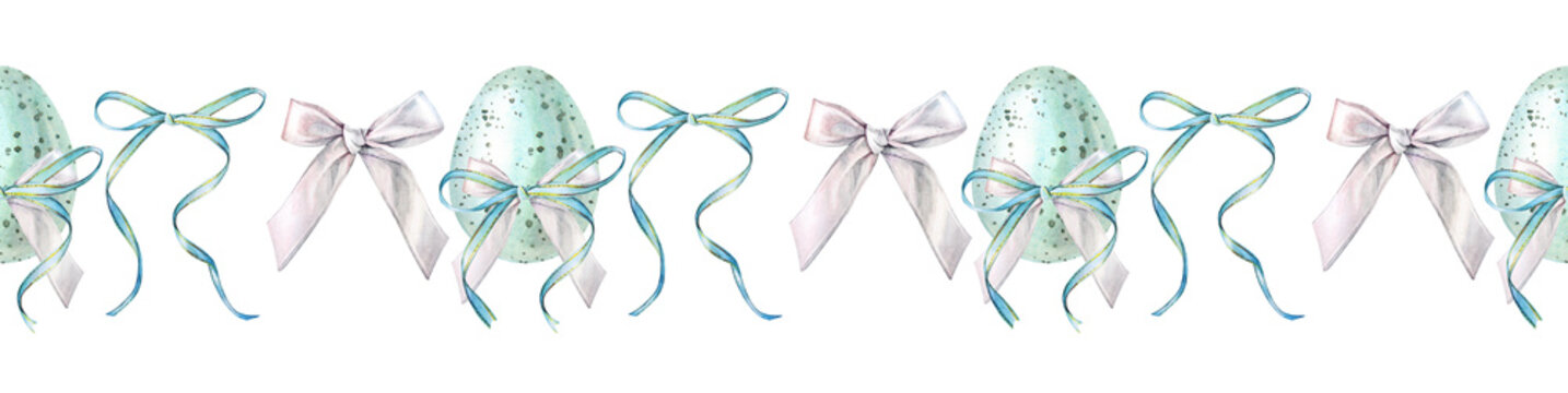 Watercolor Easter seamless border with starling egg with ribbon bow on white background. Celebration food for spring menu. Blue rim with new life of bird jay. Cookbook and wallpaper or wrapping