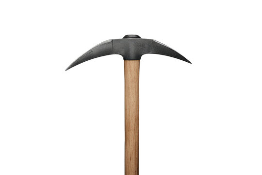 Pickaxe with a sharp steel head and strong wooden handle, useful for demolition, geology, and hard manual labor. Transparent background