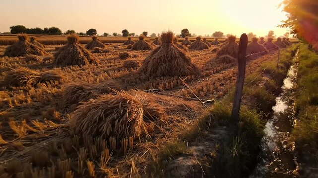 Golden wheat crop bundles stand drying in a sunlit agricultural field in punjab, india, signifying traditional harvest methods for vaisakhi season.