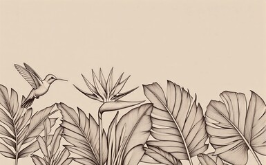 Fototapeta premium Hummingbird flies among tropical leaves and exotic flowers in elegant