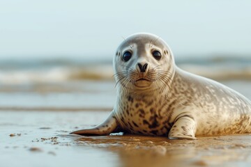 Seal pup lying on sandy beach by ocean