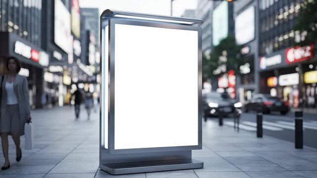 Blank vertical light box on a city street for advertising mockup. Urban environment with blurred pedestrians and traffic for commercial product placement and marketing display
