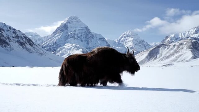 Musk Ox in serene winter landscape with soft natural lighting on snow-covered terrain for wildlife conservation