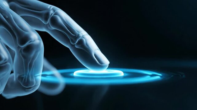 Finger hovers near a glowing circular pad on a dark surface.