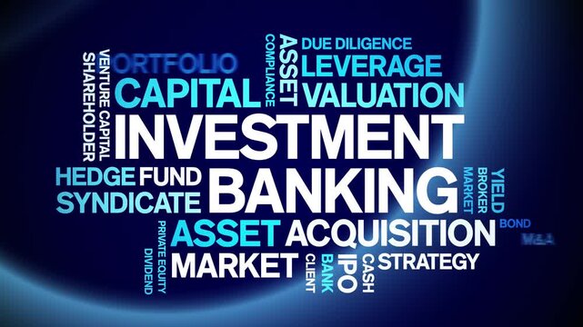 investment banking animated word cloud-text design animation tag kinetic typography seamless loop.