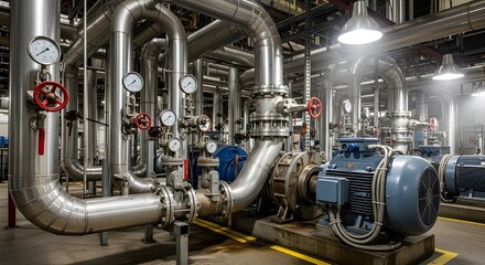 Industrial Stainless Steel Pipes and Pumps System in Modern Factory