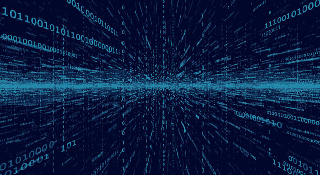 Digital Data Stream: Binary Code Flowing Through Futuristic Network