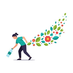 Woman picking up bottle with flowers for environmental care. Vector