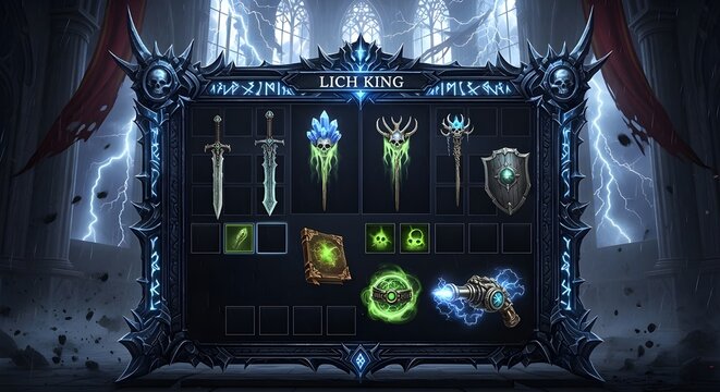 Fantasy Lich King Game UI Inventory Screen with Magic Weapons and Spells