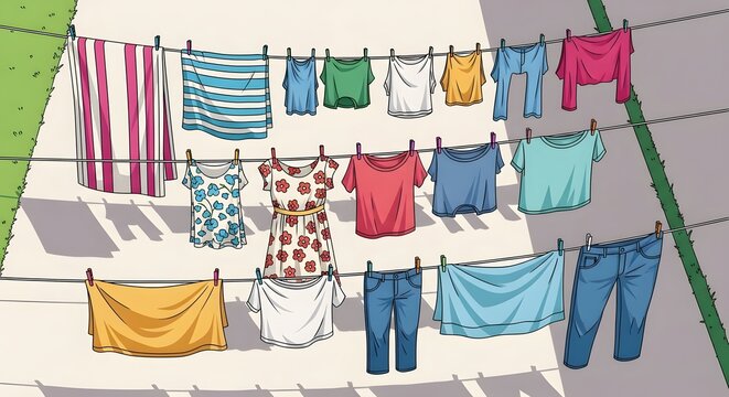 Laundry hanging on clotheslines in a backyard viewed from above