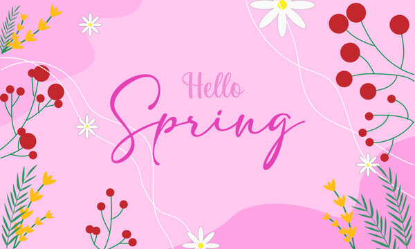 Hello spring banner. Spring season background with floral elements