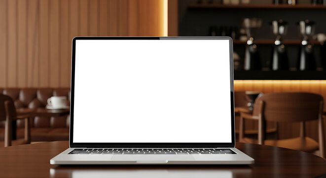 Modern silver laptop with blank white screen on polished wooden table in cozy, warm-toned coffee shop with blurred background bokeh of seating and bar equipment.