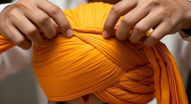 Man Tying Traditional Orange Turban Headwear