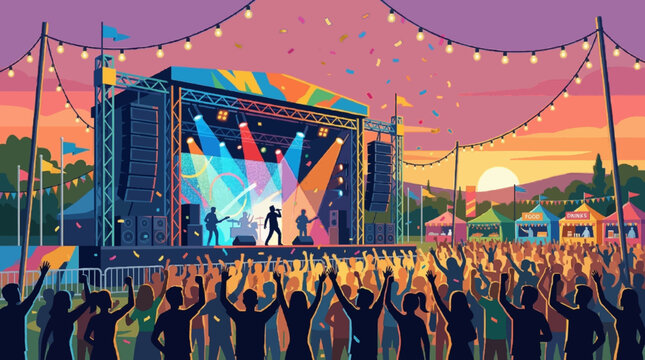 Vibrant flat vector illustration of a lively outdoor music festival scene with crowd and stage