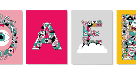 Fototapeta premium Alphabet Letters A and E with Abstract Shapes and Figures, Colorful Graphic Design