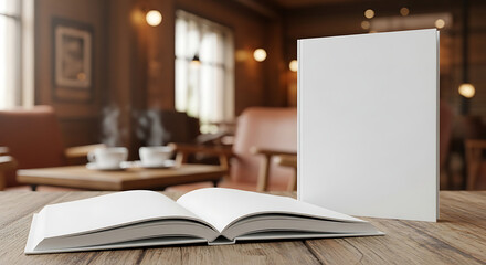 Empty blank white book lying open on a rustic wooden table in a cozy dimly lit cafe, with a blank menu board standing next to it.