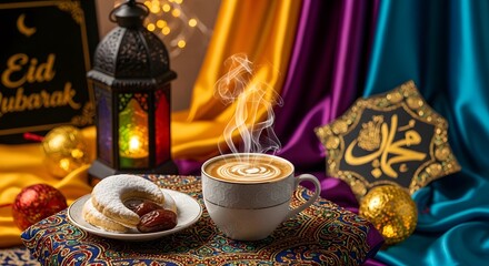 Fototapeta premium Eid mubarak celebration with traditional food and decor