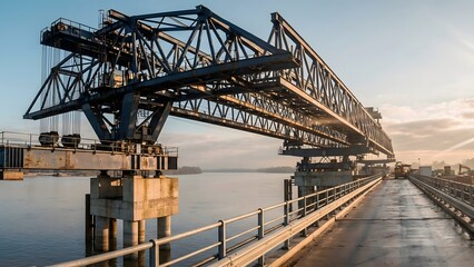 Massive Steel Bridge Structure Spanning Over Water at Sunrise.