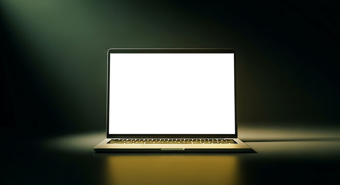 Modern laptop with blank white screen glowing in dramatic spotlight on dark reflective surface, digital technology concept, minimalist composition, atmospheric lighting