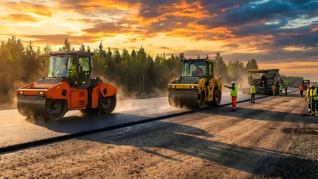 Road construction site with heavy machinery and workers at sunset.