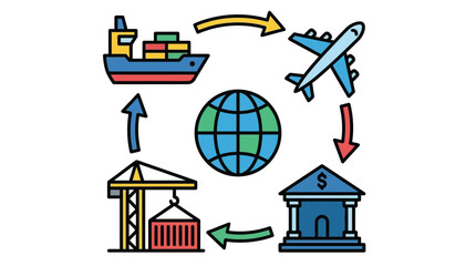 Obraz premium Illustration of global logistics and international trade cycle with cargo ship, airplane, bank, and crane around a globe.