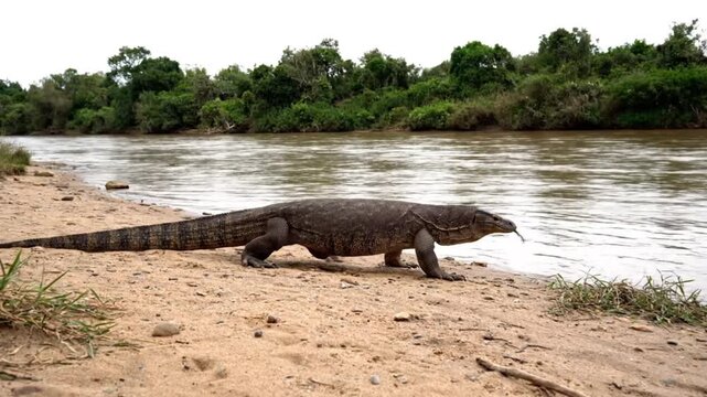 Monitor Lizard on Sandy Riverbank with Natural Lighting in Wildlife Habitat for Conservation