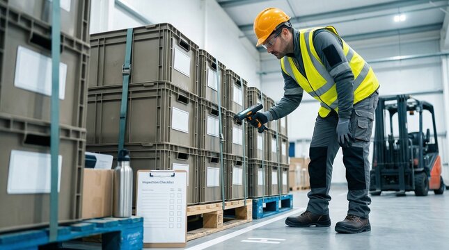 An 8K commercial photo captures a warehouse worker wearing PPE scanning reusable packaging containers with a handheld scanner near a pallet of standardized returnable crates in a clean industrial