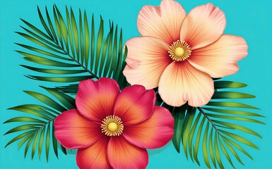 Fototapeta premium Tropical flowers bloom vibrant against turquoise palm fronds adding