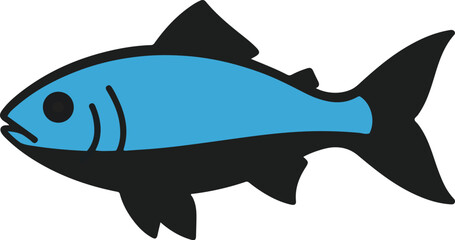 Fototapeta premium A simple graphic illustration of a blue fish with black fins and outline, swimming to the left.