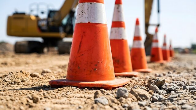 Row of orange and white traffic cones on a dirt road at a construction site with heavy machinery in the background.